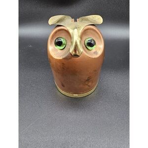 Vtg. Coppercraft Guild Copper Owl Coin Bank With Green Glass Eyes 4" T x 2.5"W